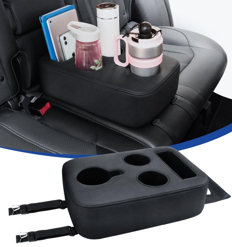 Sinvanho Upgraded Car Cup Holder with Dual Secure Straps, Back Seat Cup Holder for Car, PU Leather Truck Cup Holder, Boat Tray Organizer for Trucks, Minivans, SUVs, RVs, Holds Coffee, Snacks, Cell Phone - Image 1