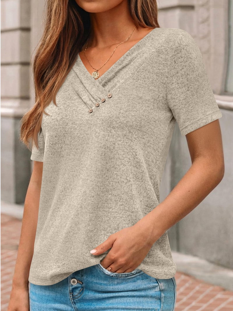 AUTOMET Womens Short Sleeve Tunic Tops Summer Spring Outfits 2026 V Neck Sweaters Button Shirts Dressy Casual Business Blouses Khaki L - Image 3