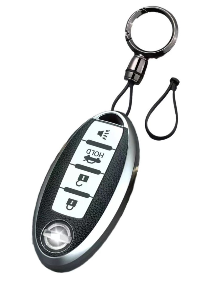 OUYoo OUYoo For Nissan Key Fob Cover, for Nissan Altima Accessories Maxima Rogue Armada Pathfinder Infiniti Premium Soft TPU Full Cover Smart Remote Keyless Key，With key chain(4 Button only) (Silver）  - Image 1