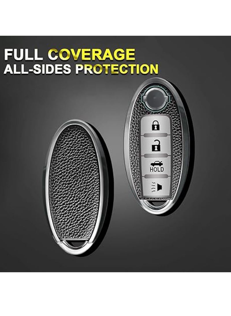 OUYoo For Nissan Key Fob Cover, for Nissan Altima Accessories Maxima Rogue Armada Pathfinder Infiniti Premium Soft TPU Full Cover Smart Remote Keyless Key，With key chain(4 Button only) (Silver）