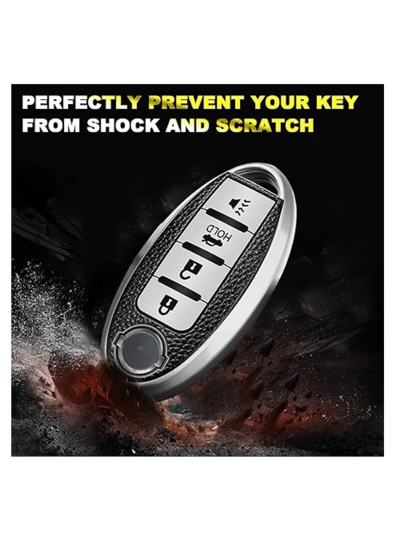 OUYoo For Nissan Key Fob Cover, for Nissan Altima Accessories Maxima Rogue Armada Pathfinder Infiniti Premium Soft TPU Full Cover Smart Remote Keyless Key，With key chain(4 Button only) (Silver）