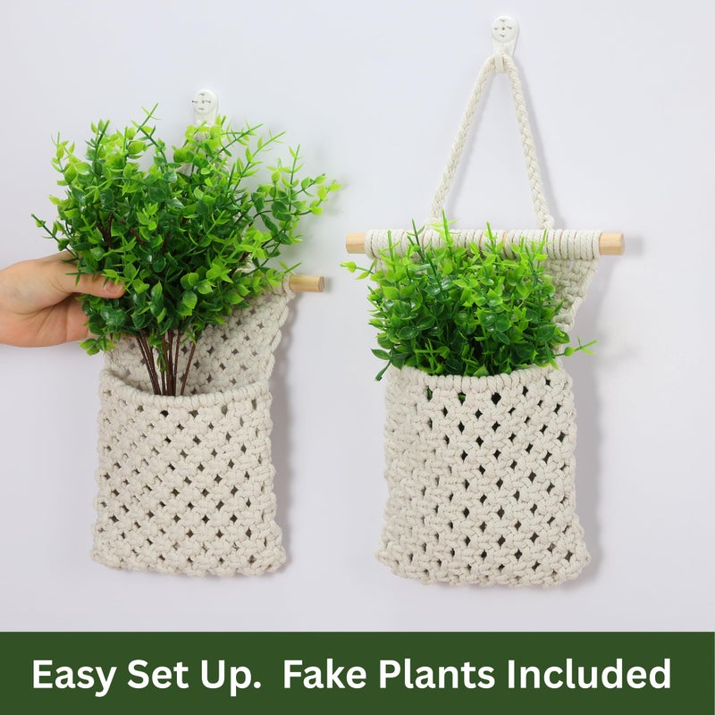 Shineloha 2 Packs Macrame Wall Planters with Artificial Eucalyptus | Macrame Plant Hanger, Wall Plant Holders for Boho, Bathroom, Bedroom & Wall Hanging Decor - Image 3