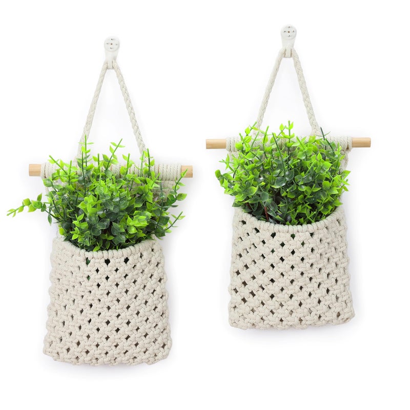 Shineloha 2 Packs Macrame Wall Planters with Artificial Eucalyptus | Macrame Plant Hanger, Wall Plant Holders for Boho, Bathroom, Bedroom & Wall Hanging Decor - Image 1