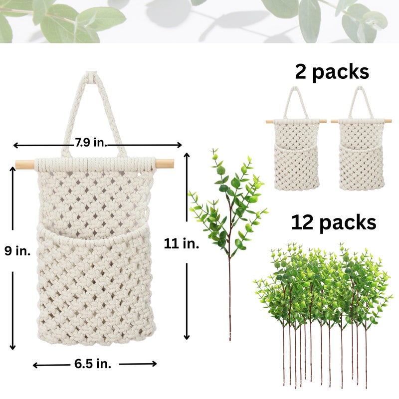 Shineloha 2 Packs Macrame Wall Planters with Artificial Eucalyptus | Macrame Plant Hanger, Wall Plant Holders for Boho, Bathroom, Bedroom & Wall Hanging Decor - Image 5