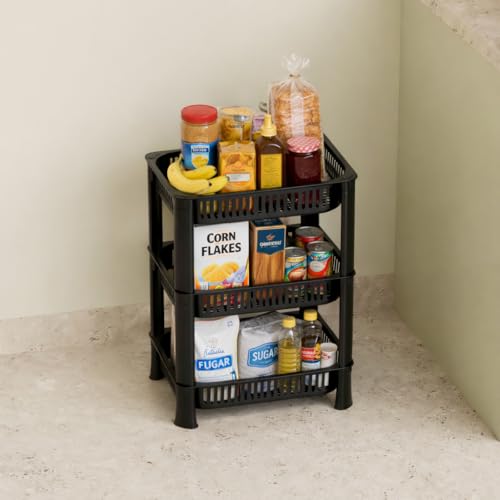 Biltoxi Plastic Multipurpose Kitchen Storage Rack Basket & Organizer – Stackable Shelves for Onion, Potato, Vegetables, Fruits, Grocery & Household Items (3 Layer, Black) - Image 1