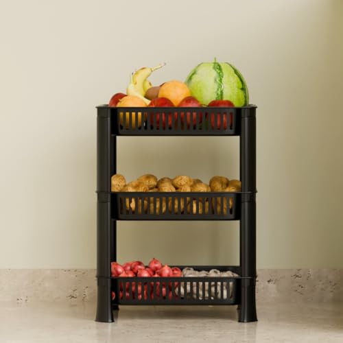 Biltoxi Plastic Multipurpose Kitchen Storage Rack Basket & Organizer – Stackable Shelves for Onion, Potato, Vegetables, Fruits, Grocery & Household Items (3 Layer, Black) - Image 4