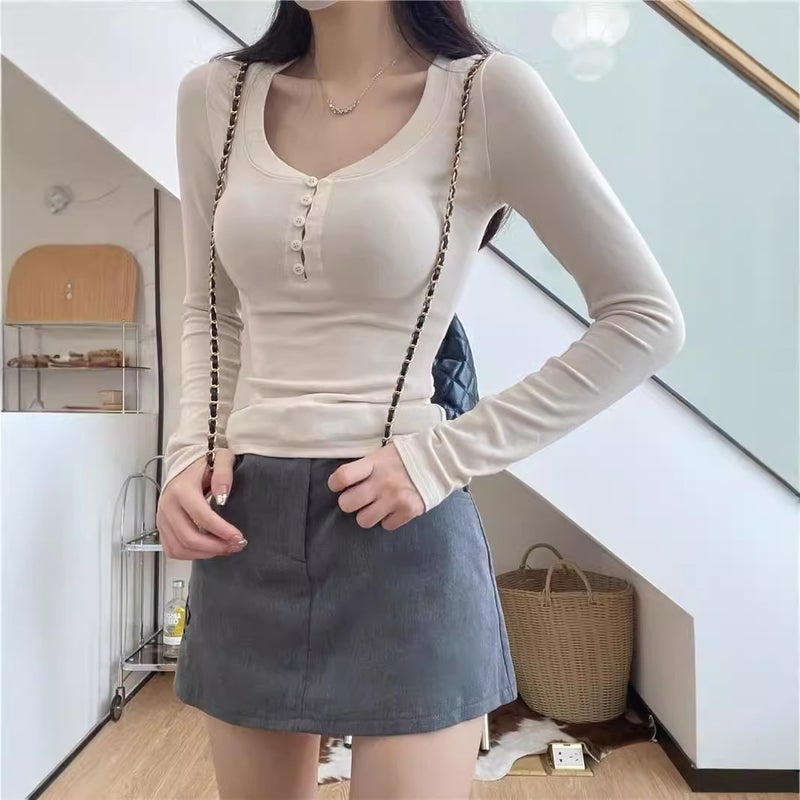 Basic 2024 Early Autumn Figure Peach Heart Neck Design Long Sleeve Slim-Fit Bottoming Inner T-Shirt Design Top - Image 4