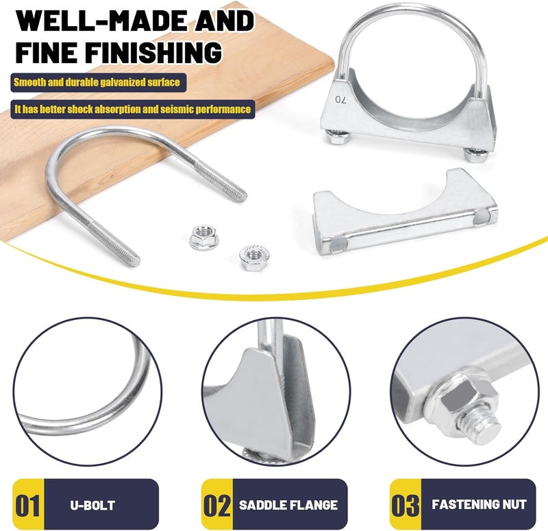Mardatt 2-3/4" (70mm) Exhaust U Clamps, 2pcs, Silver, Automotive Exhaust Clamps - Image 3