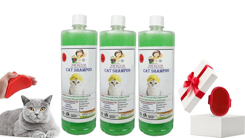 Swacch Cat Shampoo -1 Litre (Pack of 3) (Neem Alovera) + Bath Brush with Adjustable Straps Combo Pack - Image 1