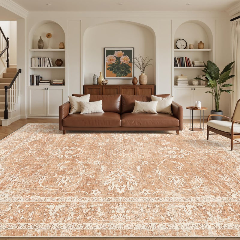 Madane 8x10 Area Rugs for Living Room, Machine Washable Vintage Rug with Non-Slip Backing, Soft Floral Print Large Throw Rugs, Thin Carpet for Bedroom Dining Room Farmhouse (8 x 10, Jasper Orange) - Image 2