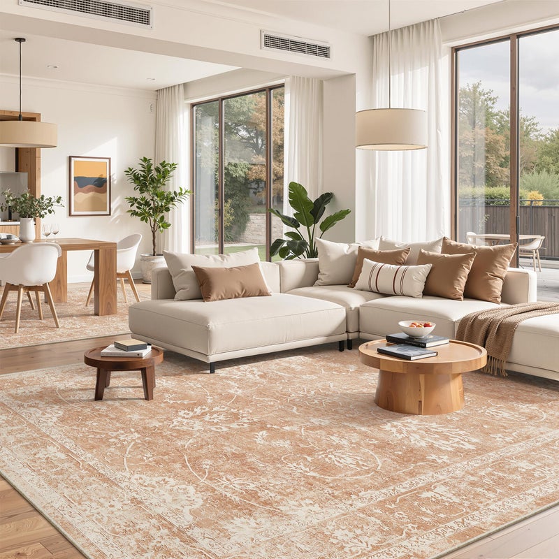 Madane 8x10 Area Rugs for Living Room, Machine Washable Vintage Rug with Non-Slip Backing, Soft Floral Print Large Throw Rugs, Thin Carpet for Bedroom Dining Room Farmhouse (8 x 10, Jasper Orange) - Image 1