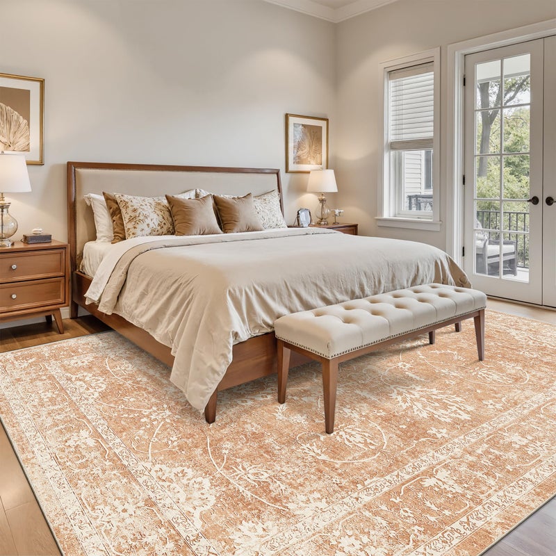 Madane 8x10 Area Rugs for Living Room, Machine Washable Vintage Rug with Non-Slip Backing, Soft Floral Print Large Throw Rugs, Thin Carpet for Bedroom Dining Room Farmhouse (8 x 10, Jasper Orange) - Image 4