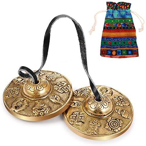 Boao Tibetan Bells Tingsha Cymbals Meditation Chime Bells with Tibetan Drawstring Cloth Bag 63 cm Yoga Finger Meditation Chime for Percussion Instrument8 Lucky Symbols Embossed - Image 1
