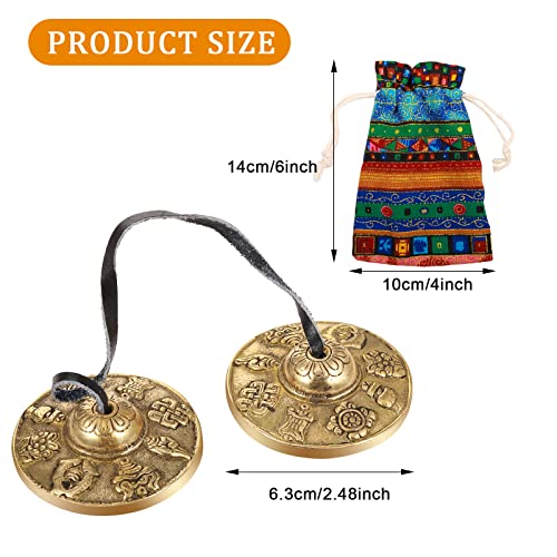 Boao Tibetan Bells Tingsha Cymbals Meditation Chime Bells with Tibetan Drawstring Cloth Bag 63 cm Yoga Finger Meditation Chime for Percussion Instrument8 Lucky Symbols Embossed - Image 3