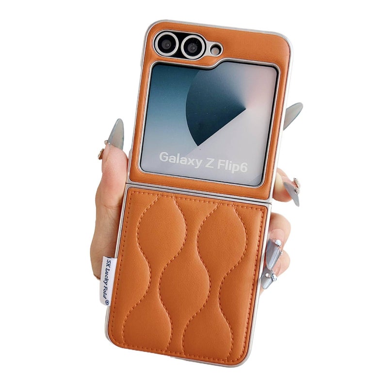 Protective Case | Drop Protection | Quilted Wave Pattern | Orange | Leather Texture | Shockproof Cover for Samsung Galaxy Z Flip 6 - Image 1