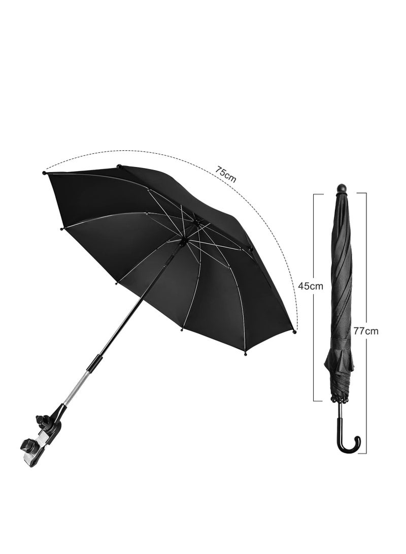 Baby Stroller Parasol, 75 cm Sunshade with Clip Universal Stroller UV Protection Umbrella 50+ Adjustable 360 Degree Waterproof Umbrella for Strollers, Strollers, Wheelchairs, Beach Chair - Black