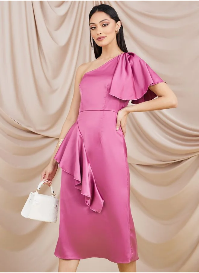 Styli One Sleeve Frill Detail A-Line Midi Dress