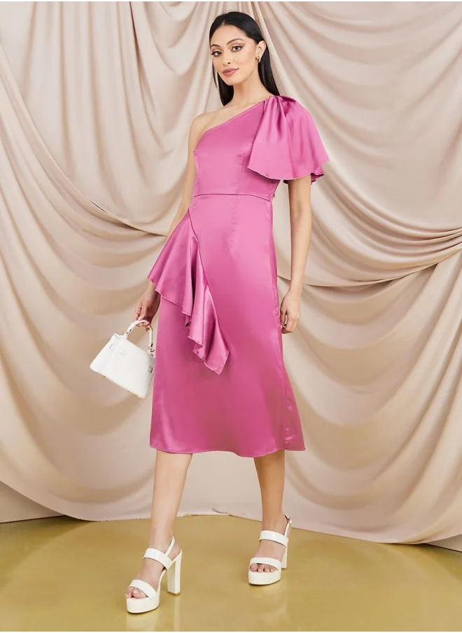 Styli One Sleeve Frill Detail A-Line Midi Dress
