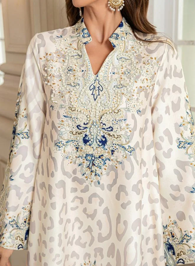 Take Two Take Two Floral Print Embellished Faux Pearl Detail Jalabiya