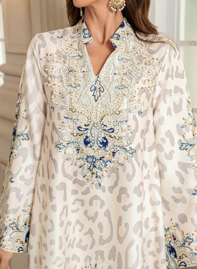 Take Two Floral Print Embellished Faux Pearl Detail Jalabiya - Image 2