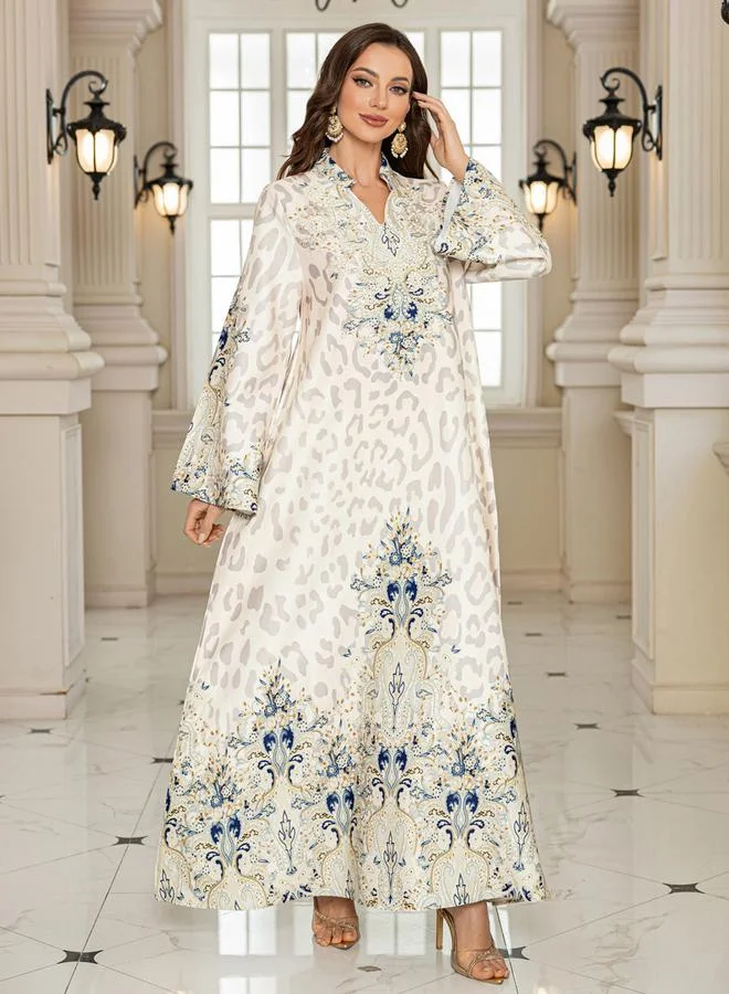 Take Two Beige Take Two Floral Print Embellished Faux Pearl Detail Jalabiya for Women | Best Price UAE