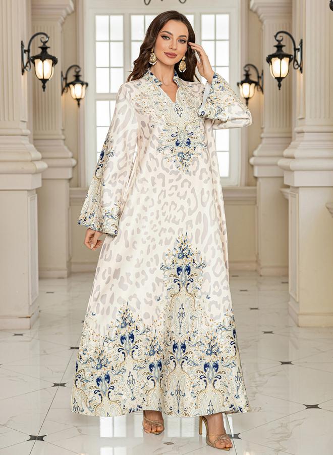 Take Two Floral Print Embellished Faux Pearl Detail Jalabiya - Image 4