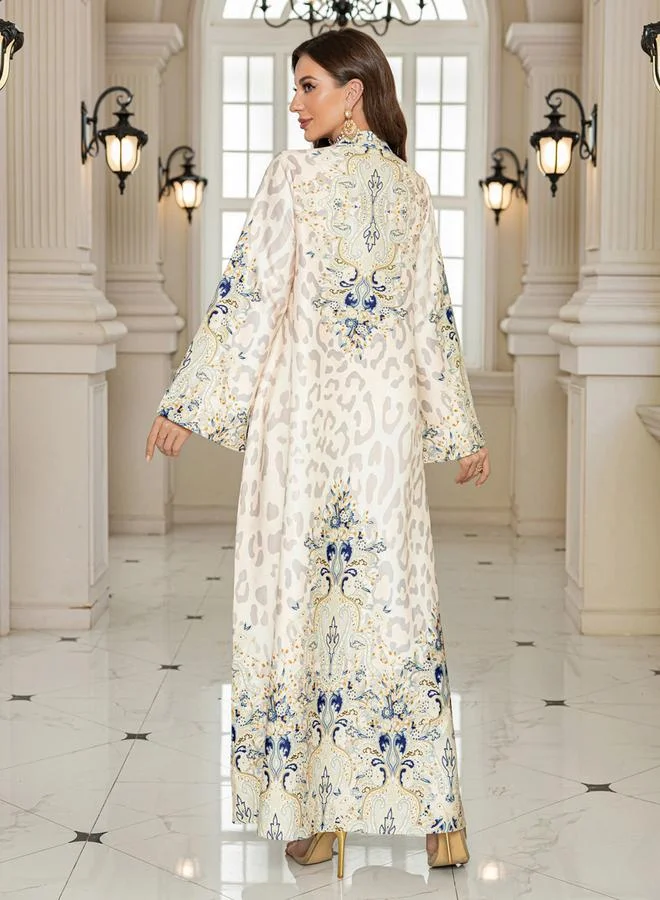 Take Two Beige Take Two Floral Print Embellished Faux Pearl Detail Jalabiya for Women | Best Price UAE