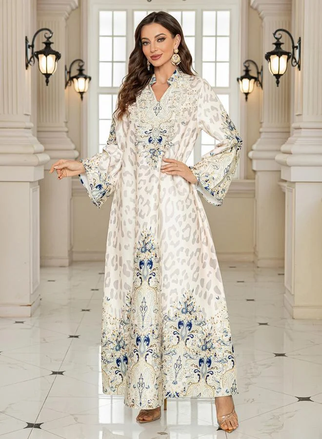 Take Two Beige Take Two Floral Print Embellished Faux Pearl Detail Jalabiya for Women | Best Price UAE