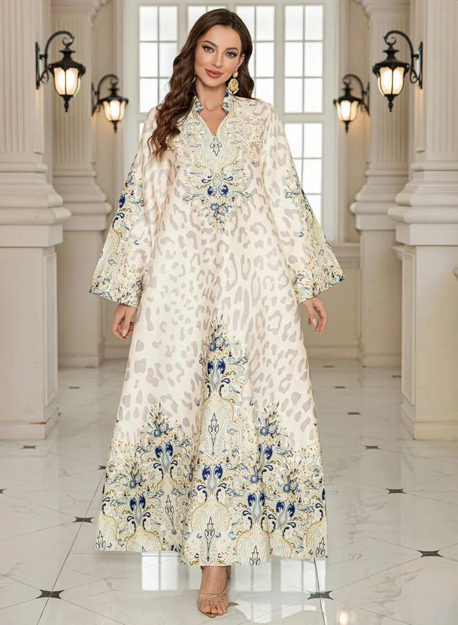 Take Two Take Two Floral Print Embellished Faux Pearl Detail Jalabiya