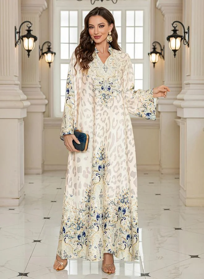 Take Two Beige Take Two Floral Print Embellished Faux Pearl Detail Jalabiya for Women | Best Price UAE