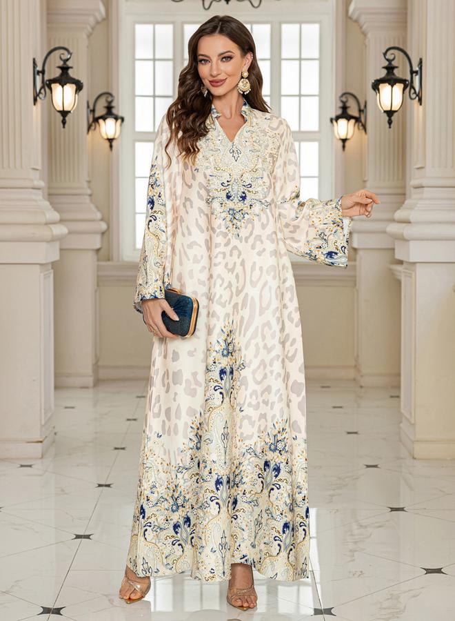 Take Two Floral Print Embellished Faux Pearl Detail Jalabiya - Image 5