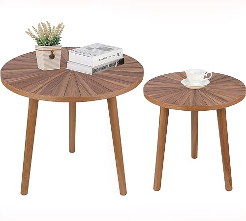 Round Coffee Table Set of 2 Mid Century Modern Coffee Table Small Farmhouse Coffee Table Wood Nightstand Bedside Table Boho Side Table End Tables for Living Room Bedroom Office Balcony