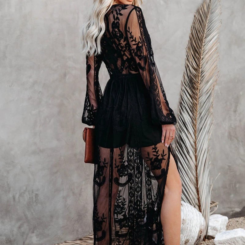 amropi Womens Deep V Neck Short Sleeve Floral Lace Dress Long Bridesmaid Maxi Dresses Black-0,XL - Image 3