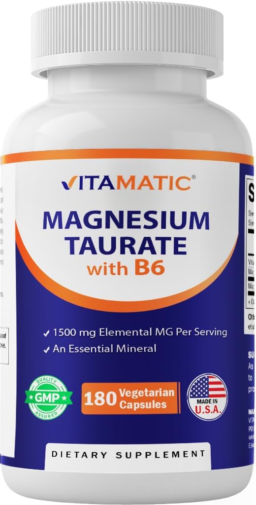 Vitamatic Magnesium Taurate 1500mg per Serving  180 Vegetarian Capsules Provides 300 mg of Elemental Magnesium  Added B6 for Maximum Absorption  Supports Muscle Joint and Heart Health - Image 1