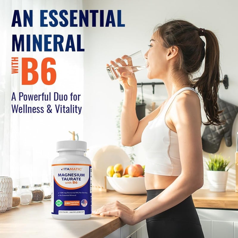 Vitamatic Magnesium Taurate 1500mg per Serving  180 Vegetarian Capsules Provides 300 mg of Elemental Magnesium  Added B6 for Maximum Absorption  Supports Muscle Joint and Heart Health - Image 4