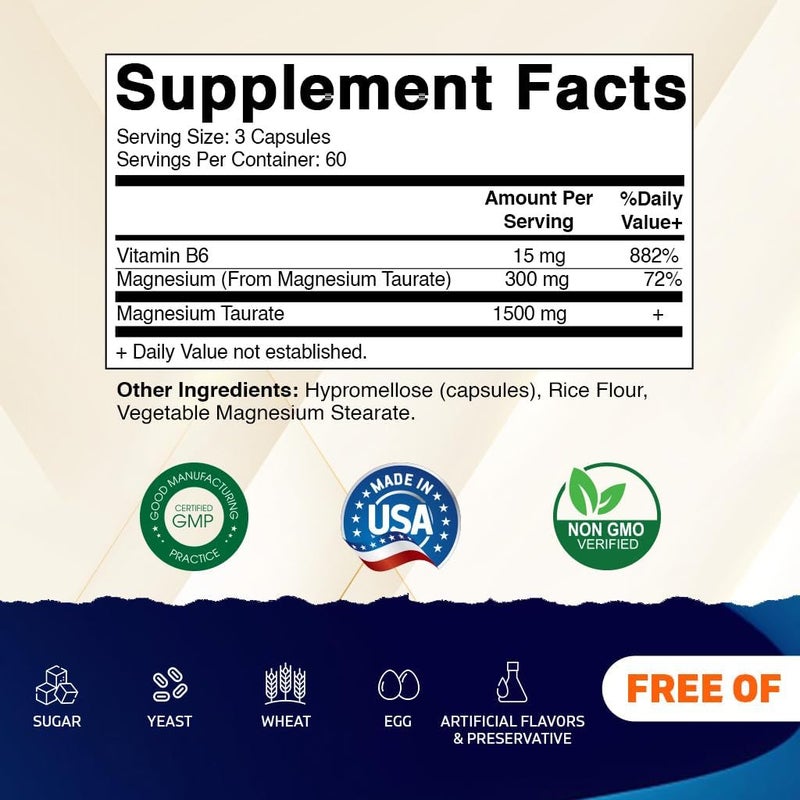 Vitamatic Magnesium Taurate 1500mg per Serving  180 Vegetarian Capsules Provides 300 mg of Elemental Magnesium  Added B6 for Maximum Absorption  Supports Muscle Joint and Heart Health - Image 2