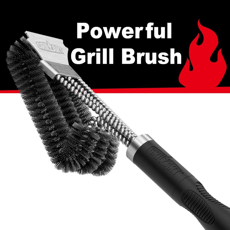 GRILLART فرشاة ومكشطة شواء GRILLART، ملحقات تنظيف شواء فائقة القوة، شعيرات سلكية آمنة بطول 18 بوصة، فرشاة تنظيف ثلاثية للشواء للشبكات الغازية/الفحمية، أداة الساحر BR-8115 - Image 3