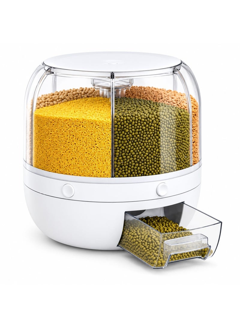 LDQ 1 Set 360-Degree Rotating Grain Storage Box Container, 6-Grid Divided Rice Bucket, Large 20 kg Capacity, Food Grade, Sealed Storage, Transparent Round Kitchen Organizer, Food Grain Cereal Storage Container Dispenser. - Image 1