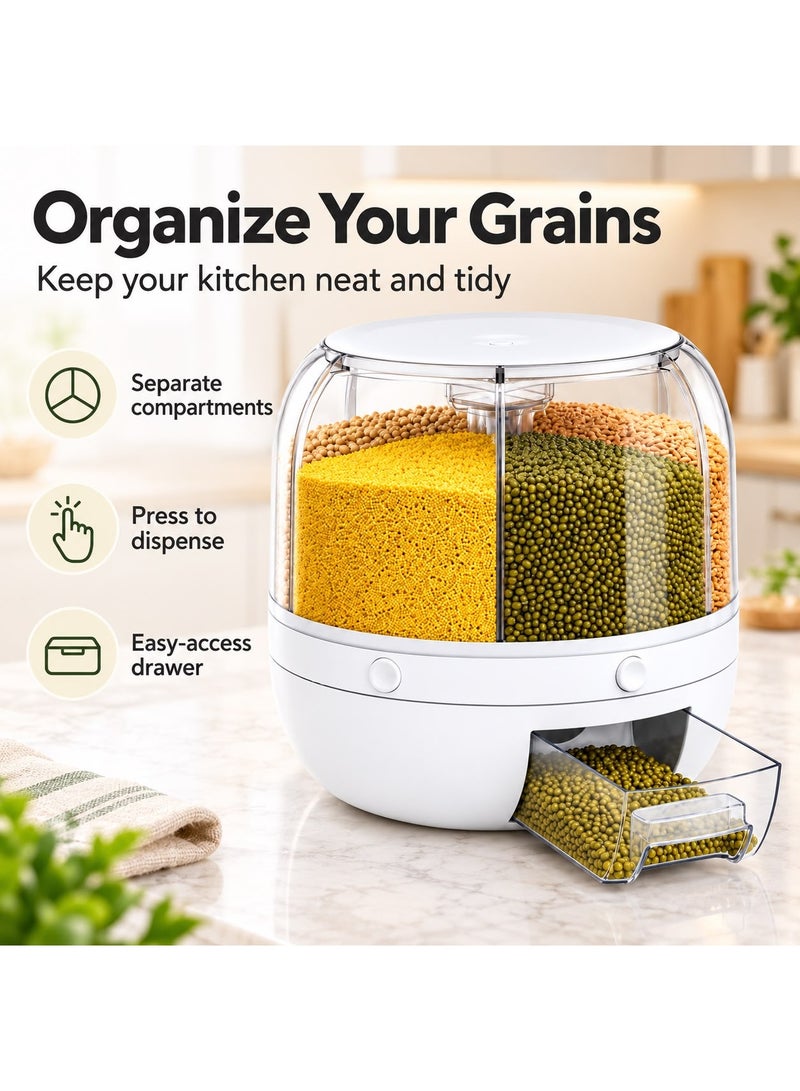 LDQ 1 Set 360-Degree Rotating Grain Storage Box Container, 6-Grid Divided Rice Bucket, Large 20 kg Capacity, Food Grade, Sealed Storage, Transparent Round Kitchen Organizer, Food Grain Cereal Storage Container Dispenser. - Image 2