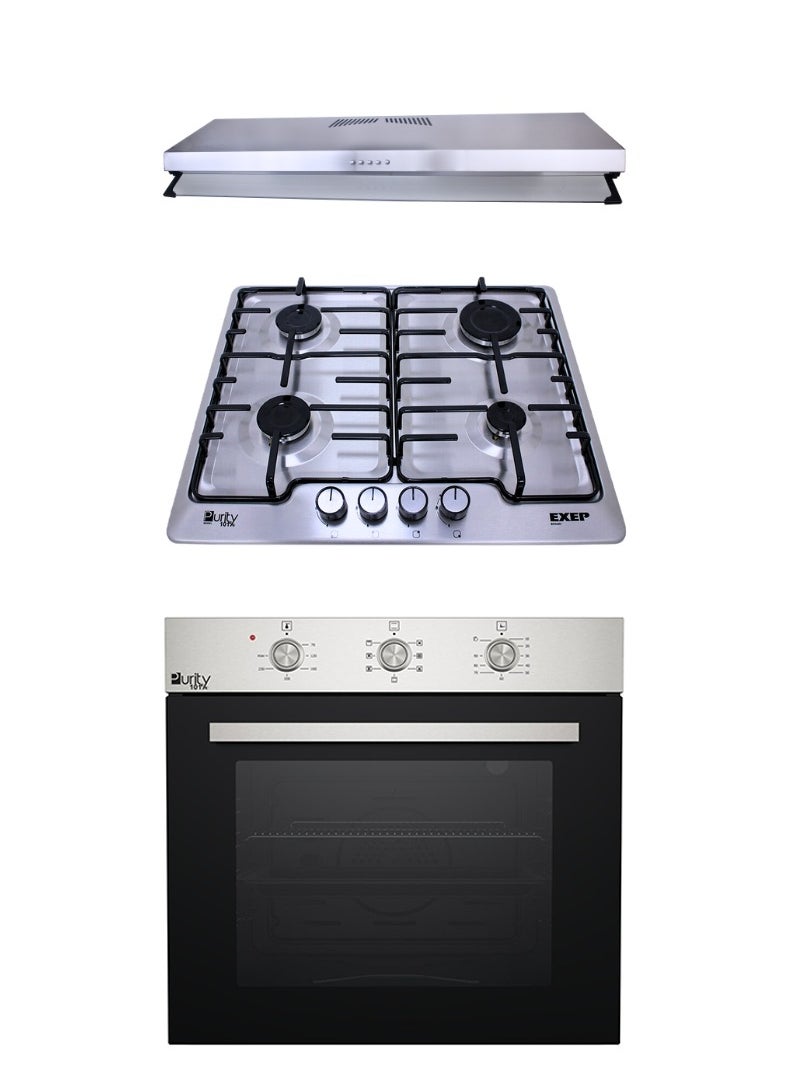 Purity Purity Built-in Hood, 60 cm - Silver - Purity Built-in Gas Hob, 60 cm, 4 Burners, Grey - HPT604S - Purity Built-in Gas Oven with Grill, 65 L, 60 cm, Stainless Steel - OPT601GG  - Image 1