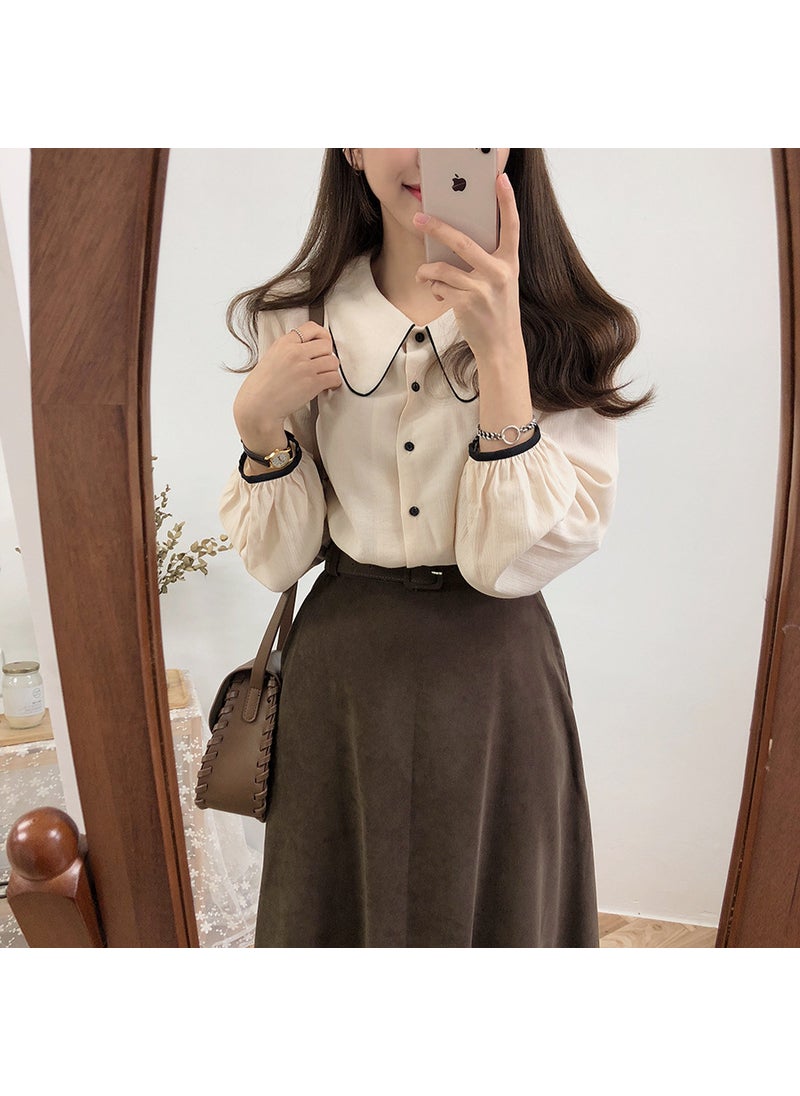 Generic - 2022 Spring New Style Preppy Vintage Hongkongese Shirt Design Sensibility Niche Top Base Layer Top Womens Button-up Shirt Apricot - Image 1