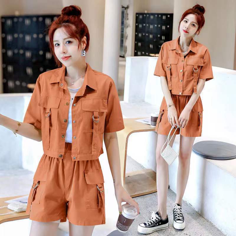 European and American Womens Clothing Amazon Independent Station Summer Workwear Pocket Short Short Sleeve Lel Jacket Shorts Trendy suit Khaki - Image 3