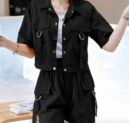 European and American Womens Clothing Amazon Independent Station Summer Workwear Pocket Short Short Sleeve Lel Jacket Shorts Trendy suit Khaki - Image 2