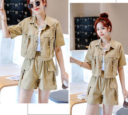 European and American Womens Clothing Amazon Independent Station Summer Workwear Pocket Short Short Sleeve Lel Jacket Shorts Trendy suit Khaki - Image 1