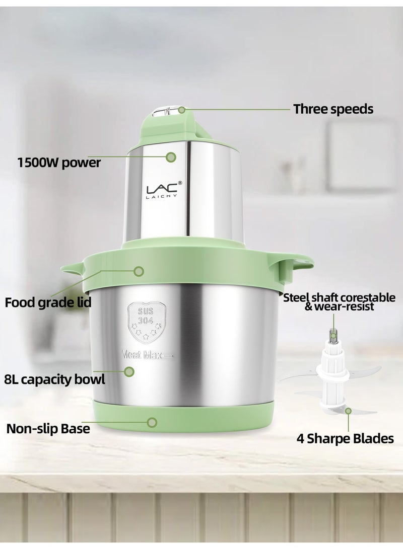 LAC LAICHY 8 L Large Capacity Food Processors,1500W Electric Meat Grinder Veggie Chopper with Stainless Steel Bowl,3 Speeds,4 Bi-Level Blades and Spatula for Meat,Onion,Vegetables,Fruits - Image 4