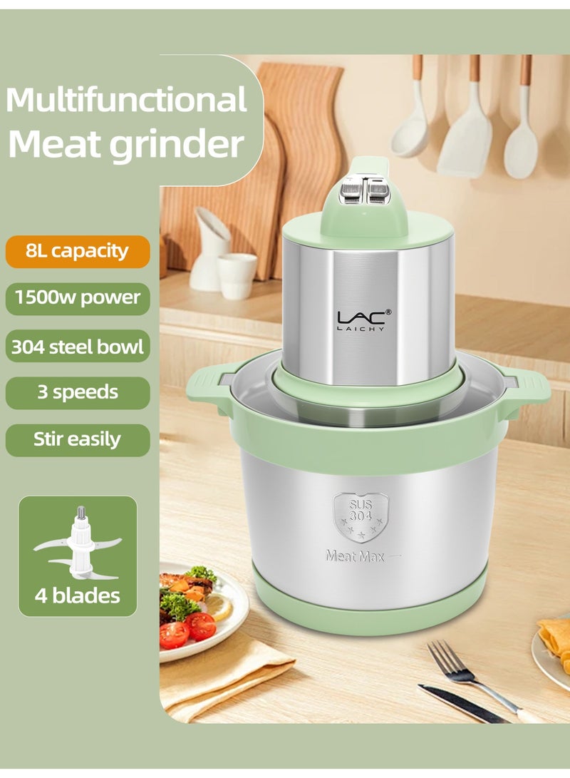 LAC LAICHY 8 L Large Capacity Food Processors,1500W Electric Meat Grinder Veggie Chopper with Stainless Steel Bowl,3 Speeds,4 Bi-Level Blades and Spatula for Meat,Onion,Vegetables,Fruits - Image 2