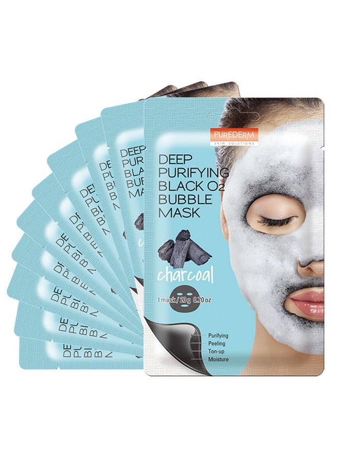 Purederm Deep Purifying Black O2 Bubble Mask Charcoal (10 Pack) - Bubble Face Sheet Mask for Purifying & Brightening - Image 1