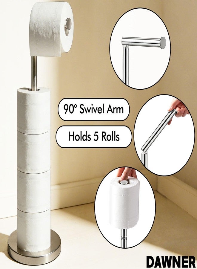 DAWNER 26" Heavy Duty Freestanding Toilet Paper Holder, No-Tipping 3.5LB Weighted Base, 90° Swivel Arm Holds 5 Rolls, Stainless Steel Toilet Paper Holder for Bathrooms and Apartments, Brushed Nickel - Image 4