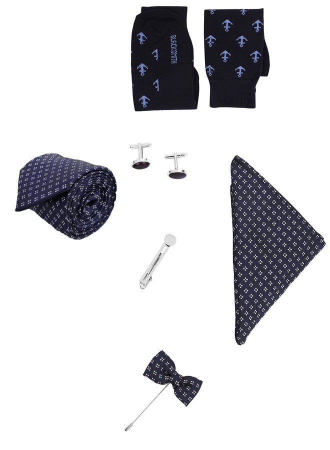 BLACKSMITH Tie, Cufflink, Pocket Square, Lapel Pin, Tie Clip, Socks Set of 6 for Men [ Free Size ] (Blue 84 Set) - Image 1