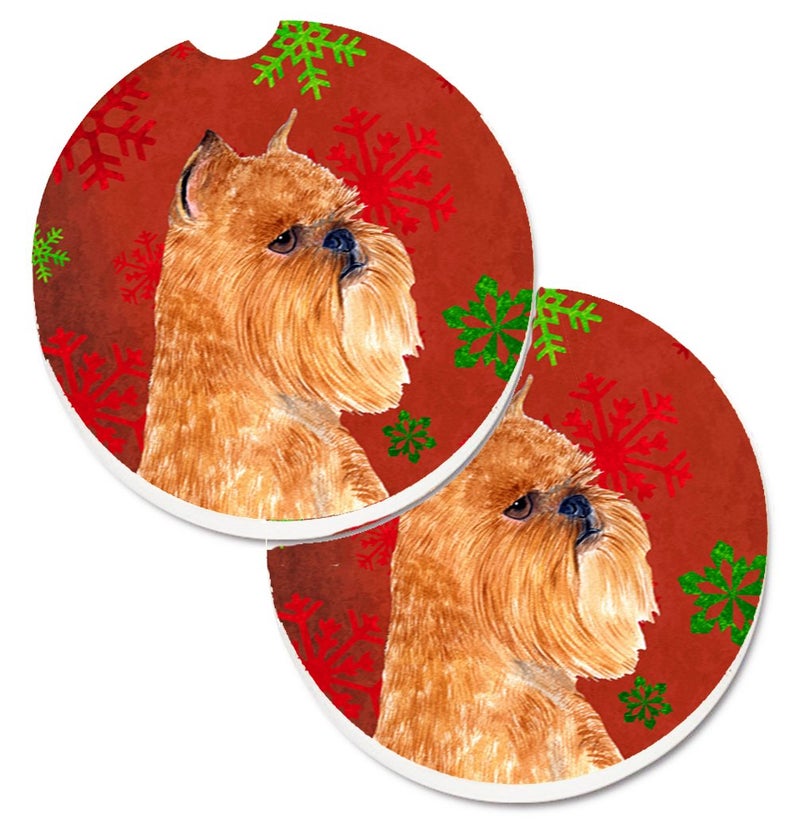 Caroline's Treasures SS4701CARC Brussels Griffon Red and Green Snowflakes Holiday Christmas Set of 2 Cup Holder Car Coasters Absorbent Sandstone Coasters for Car Cup Holders Gifts for Men or Women  La